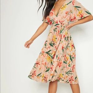 Pink Floral Pleated Midi Dress